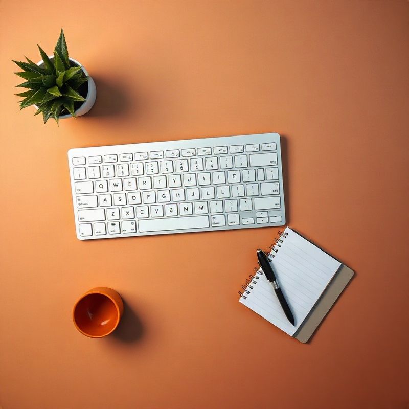 Escritorio con teclado, taza de cerámica terracota y bloc de notas