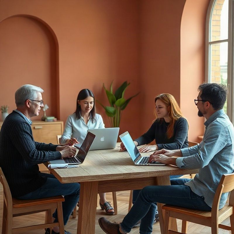 Equipo de cuatro personas trabajando alrededor de una mesa de madera en un interior con tonos terracota