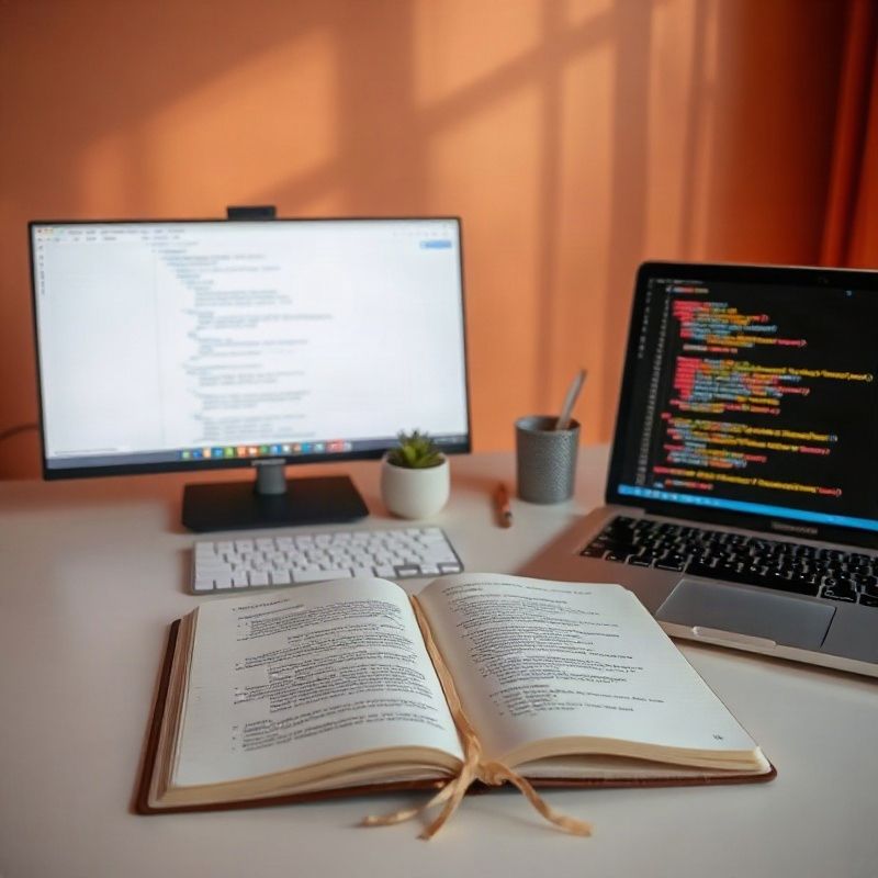 Escritorio con un cuaderno de notas y un laptop mostrando código Python